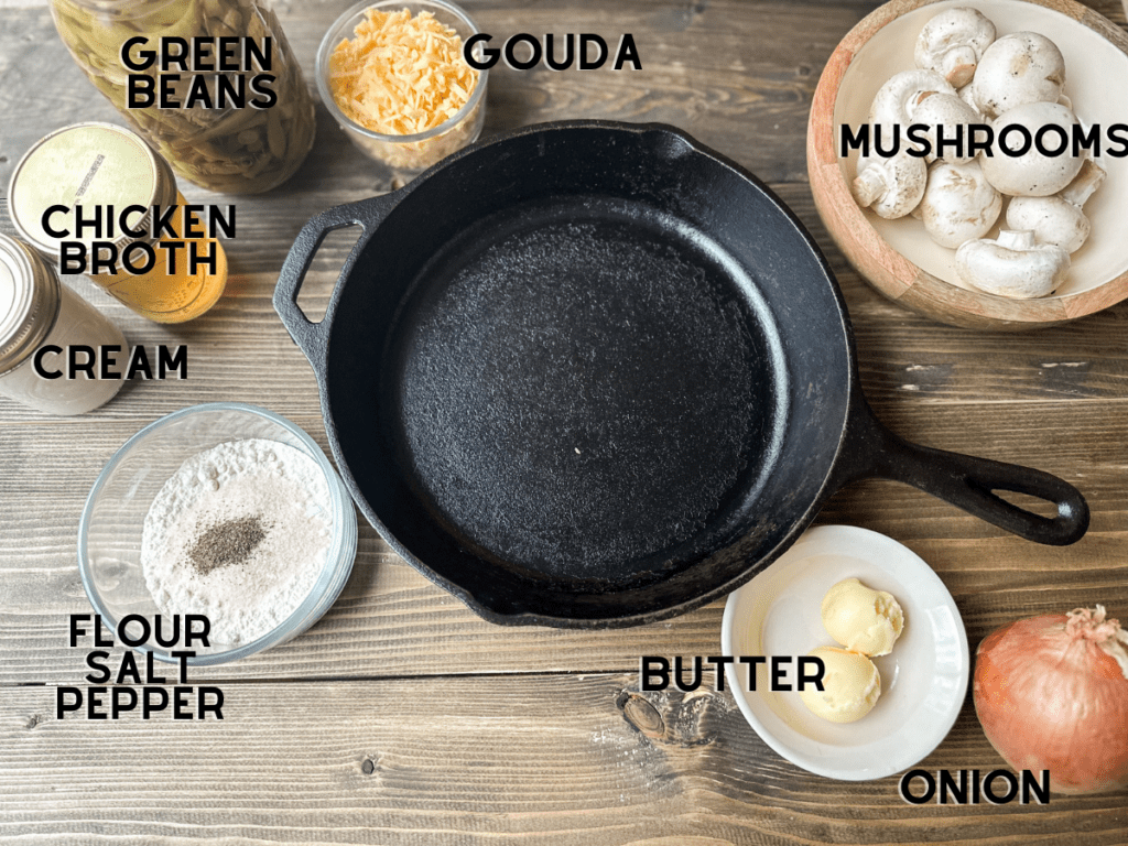 A graphic showing the ingredients needed to make this classic green bean casserole from scratch.