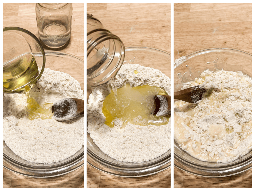 Three images showing oil and water being added to flour and salt to make 3 ingredient tortillas. 